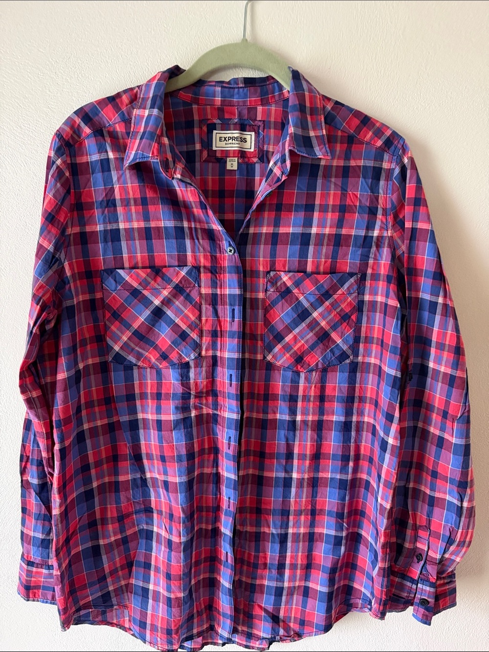 Express Red and Blue Plaid Shirt with Chest Pockets